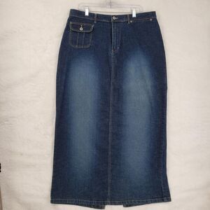 Ashley Stewart Skirt Womens 16 Blue Denim Maxi Pocket Button Flap Long Jean